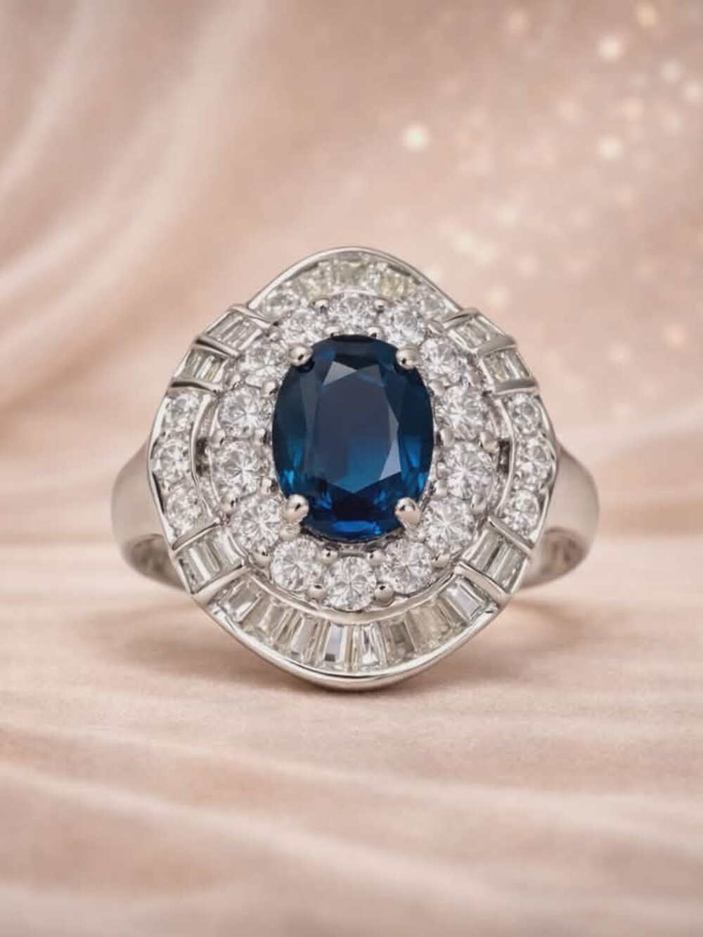 Natural Blue Sapphire & Diamond Statement Ring – 18K White Gold Brand New - Picture 1 of 16